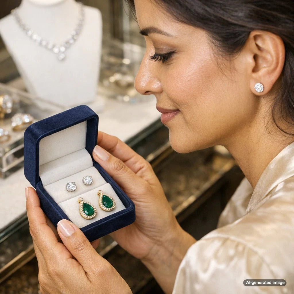 A curated collection of elegant and hypoallergenic fine jewelry earrings from Robinson's Jewelers displayed on a soft surface, featuring platinum, titanium, and high-karat gold studs and hoops.