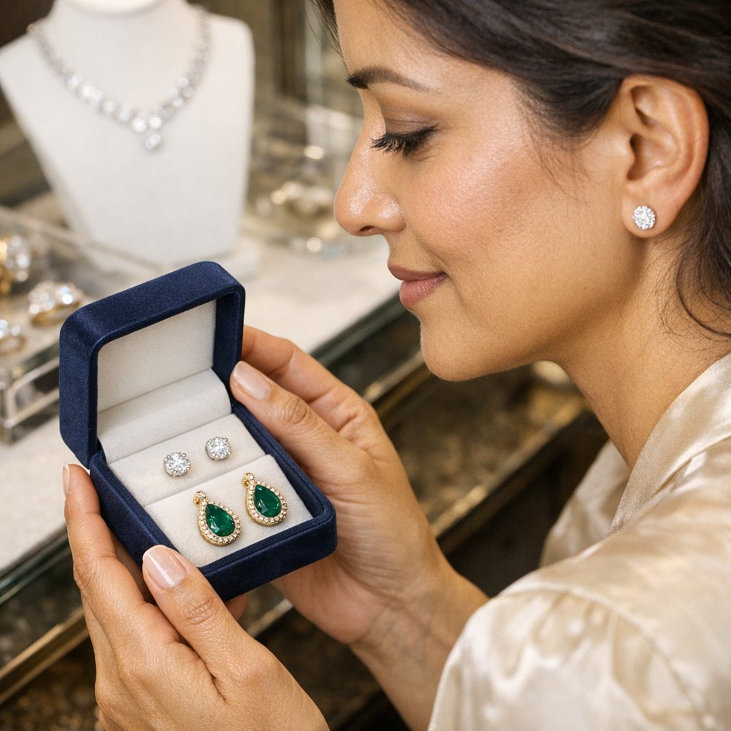 A curated collection of elegant and hypoallergenic fine jewelry earrings from Robinson's Jewelers displayed on a soft surface, featuring platinum, titanium, and high-karat gold studs and hoops.