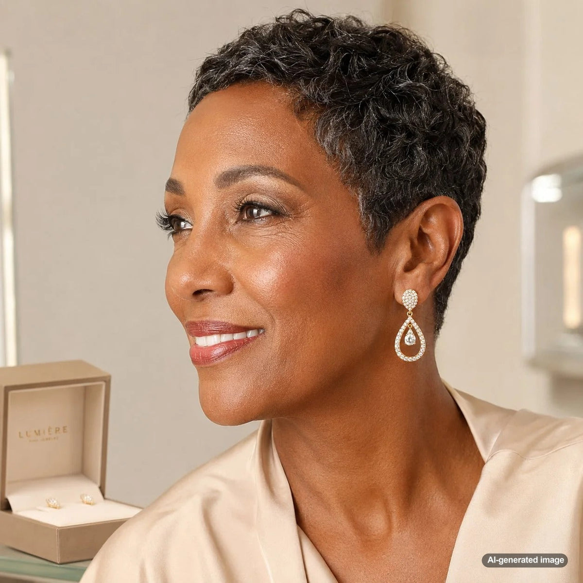 How to Choose Earrings for Short Hair - A stylish woman with a bob haircut wearing elegant stud earrings from Robinson's Jewelers