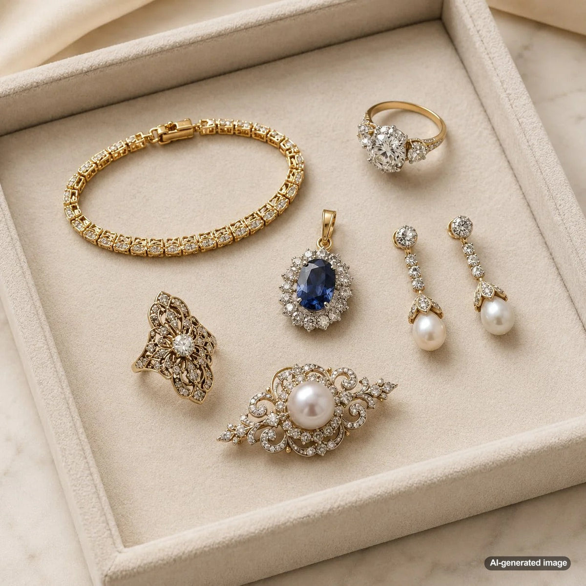 A curated selection of vintage and estate jewelry from Robinson's Jewelers, featuring rings, necklaces, and brooches from different eras displayed elegantly.