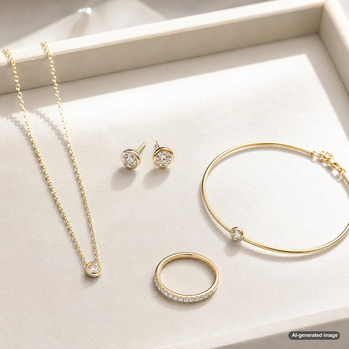 A curated selection of minimalist fine jewelry from Robinson's Jewelers showcasing a modern, elegant aesthetic.