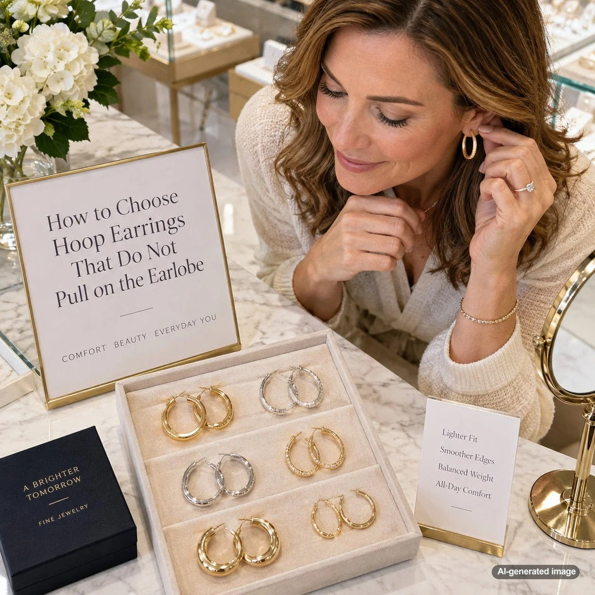 Elegant lightweight hoop earrings designed for comfortable wear without pulling on the earlobe