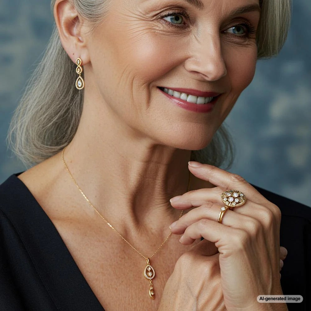 Elegant jewelry for women over 60, including pearl necklaces, diamond studs, and timeless accessories