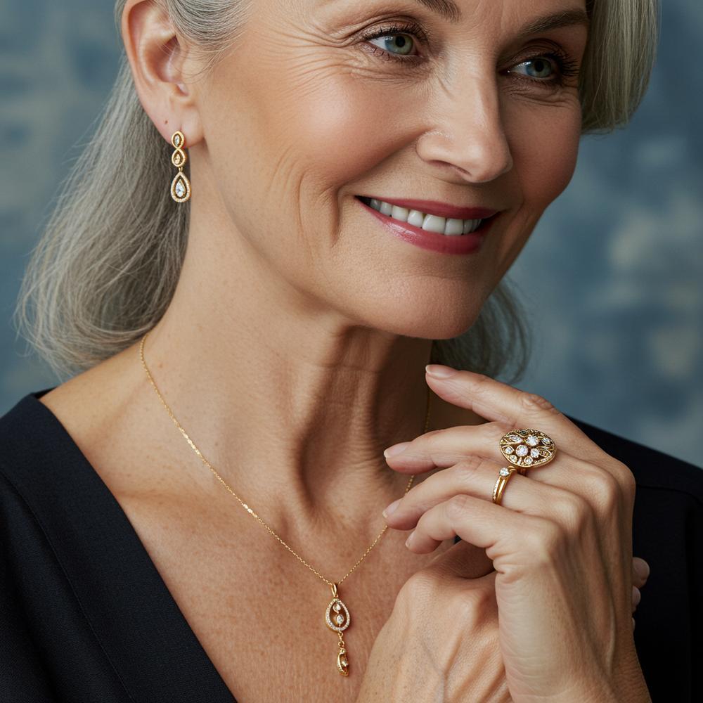 Elegant jewelry for women over 60, including pearl necklaces, diamond studs, and timeless accessories