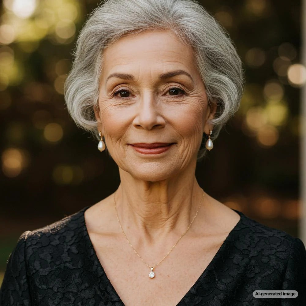 A timeless pearl necklace and elegant diamond studs, perfect jewelry for a 70-year-old woman.