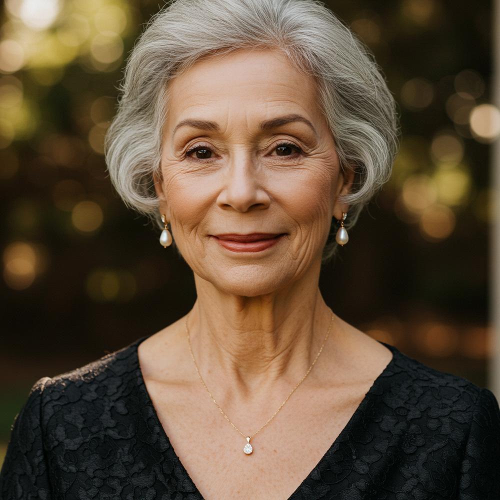 A timeless pearl necklace and elegant diamond studs, perfect jewelry for a 70-year-old woman.