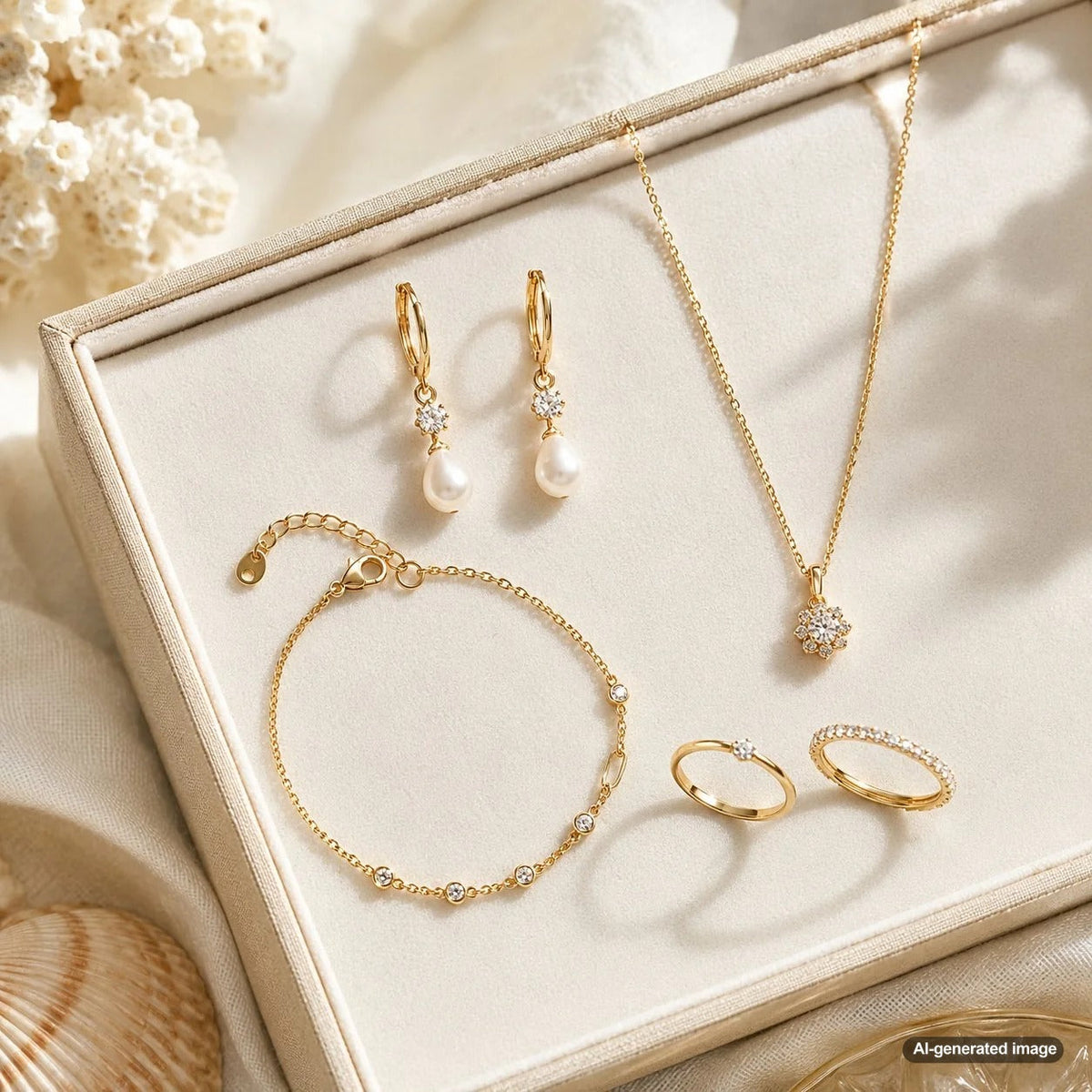 A sophisticated display of beach wedding guest jewelry including pearl necklaces, shell-inspired earrings, and sparkling diamond bracelets on a seaside table.