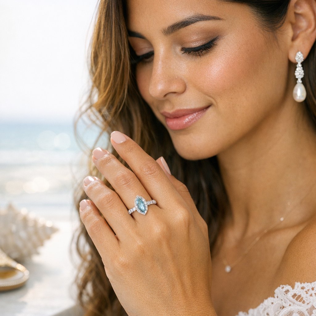 A collection of beach wedding jewelry including aquamarine earrings, pearl bracelets, and gold rings laid out on a sandy shore with seashells.