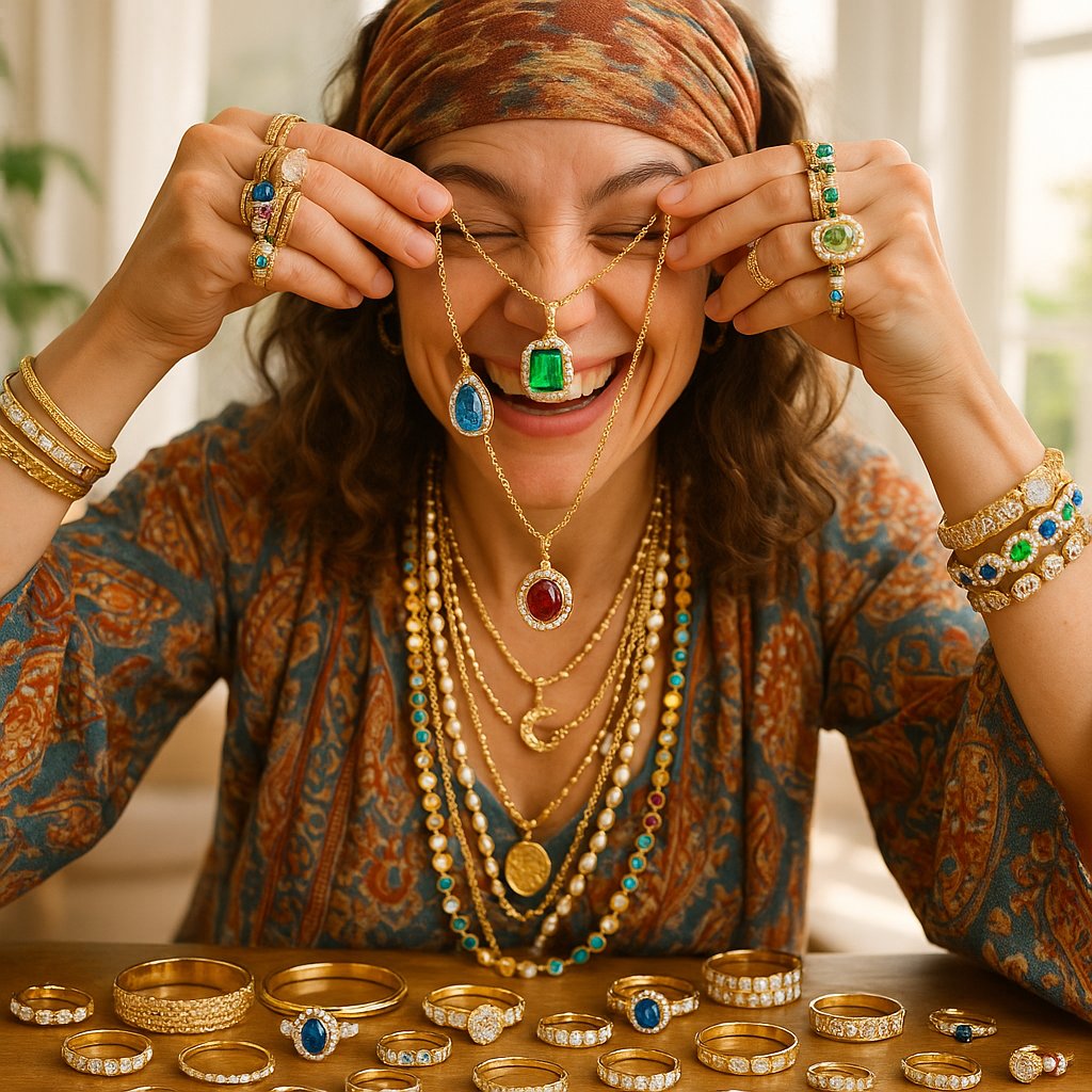 Assortment of bohemian style jewelry including layered necklaces, turquoise rings, and moonstone pendants on a rustic wooden background