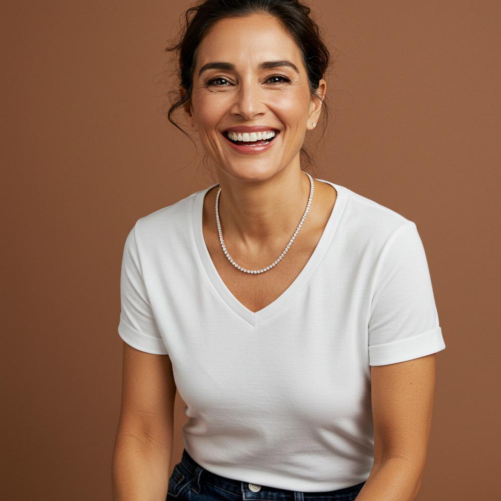 A stylish woman wearing delicate jewelry for a casual look