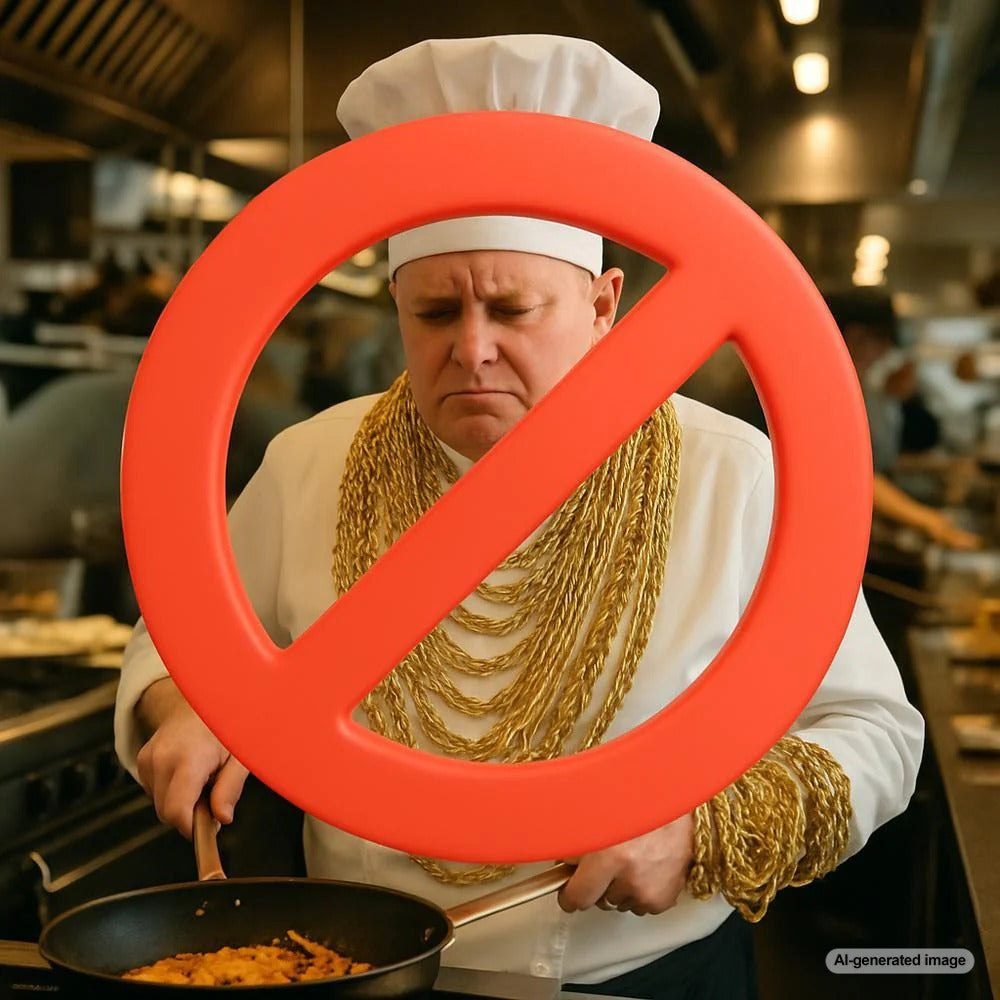 Chef wearing minimalist jewelry, including a plain wedding band and stud earrings, in a professional kitchen setting