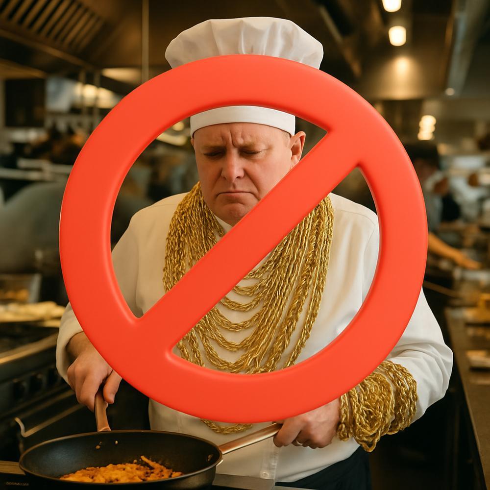 Chef wearing minimalist jewelry, including a plain wedding band and stud earrings, in a professional kitchen setting