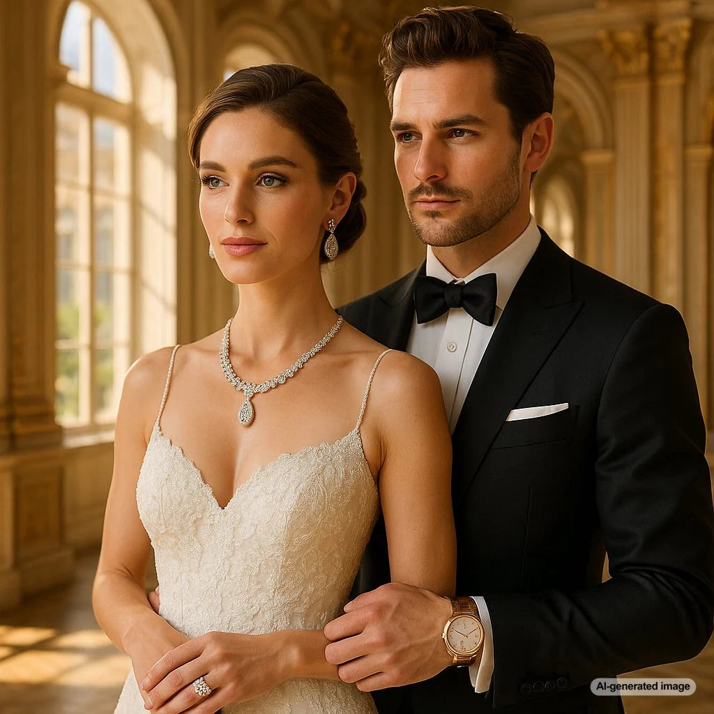 Elegant selection of diamond and pearl jewelry for a European wedding setup on a table with romantic flowers