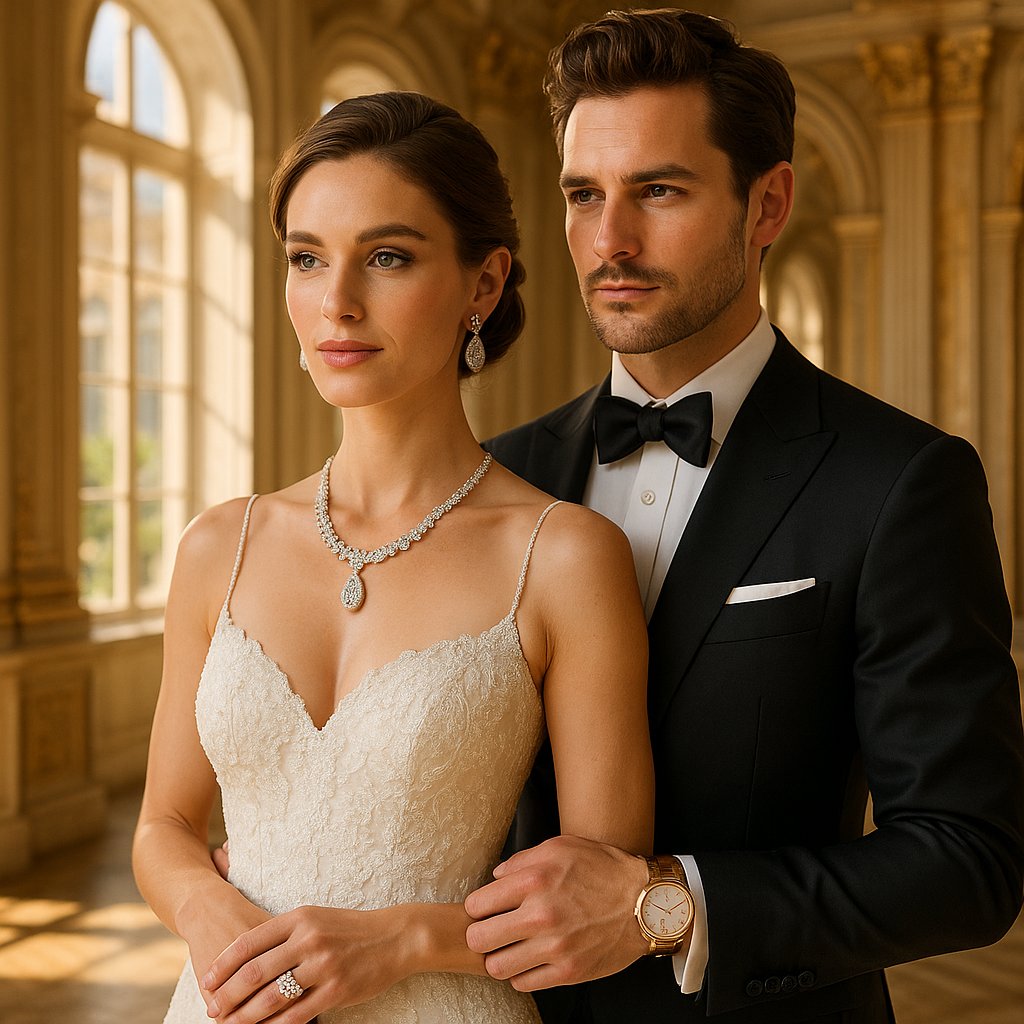 Elegant selection of diamond and pearl jewelry for a European wedding setup on a table with romantic flowers