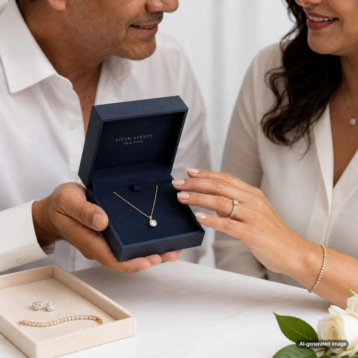 A stunning display of gold, peridot, and diamond jewelry pieces perfectly suited for a first anniversary gift.