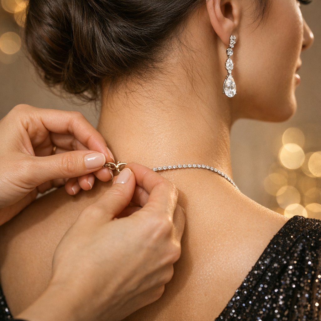 Woman choosing sparkling diamond earrings and a cocktail ring from a jewelry display for a holiday party