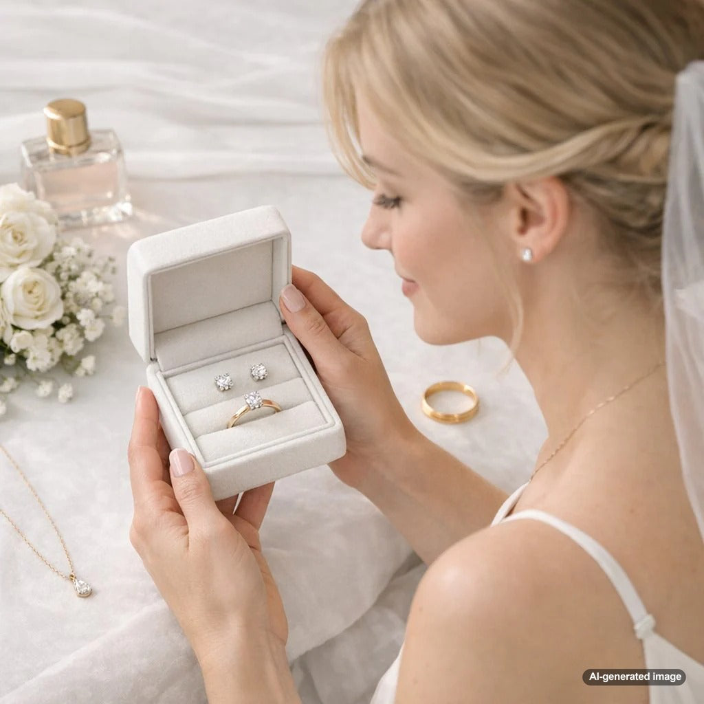 A minimalist bride wearing a sleek, low-back wedding gown and delicate diamond jewelry