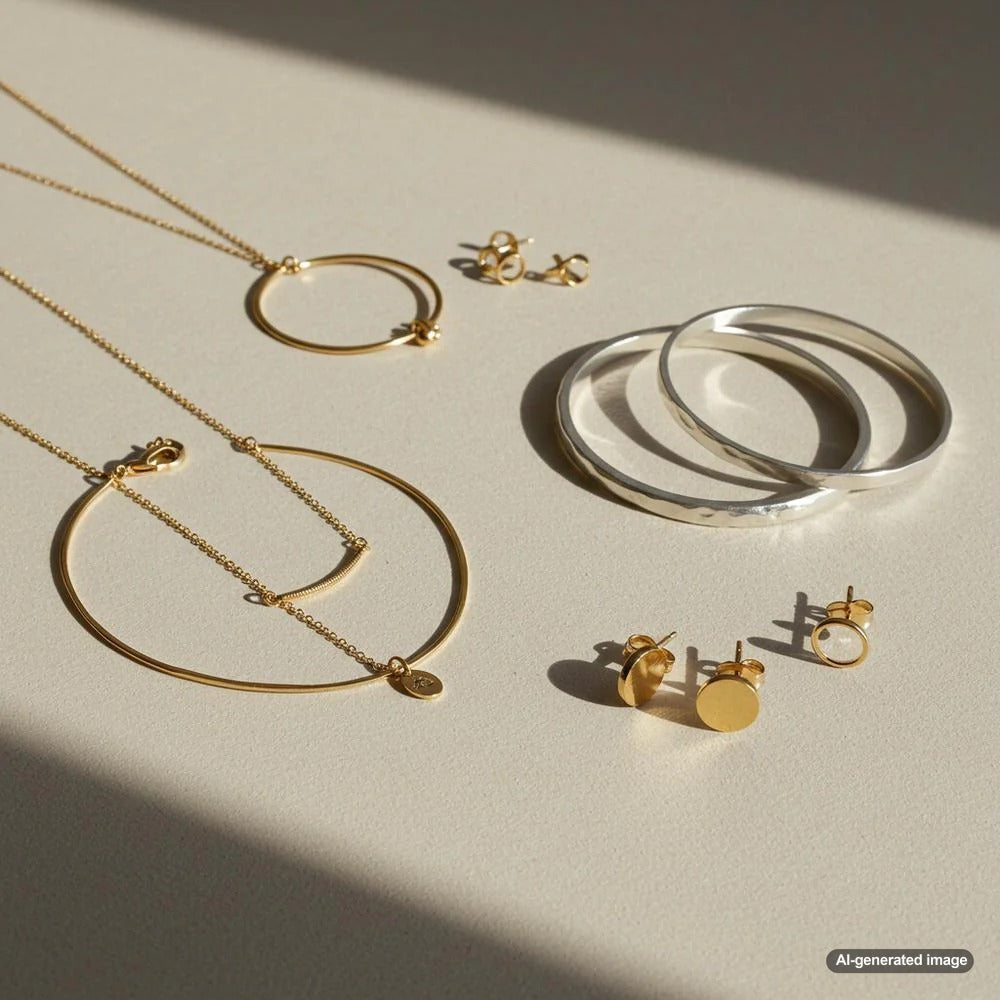 A selection of minimalist jewelry pieces including stud earrings, delicate necklaces, and thin bracelets displayed elegantly.