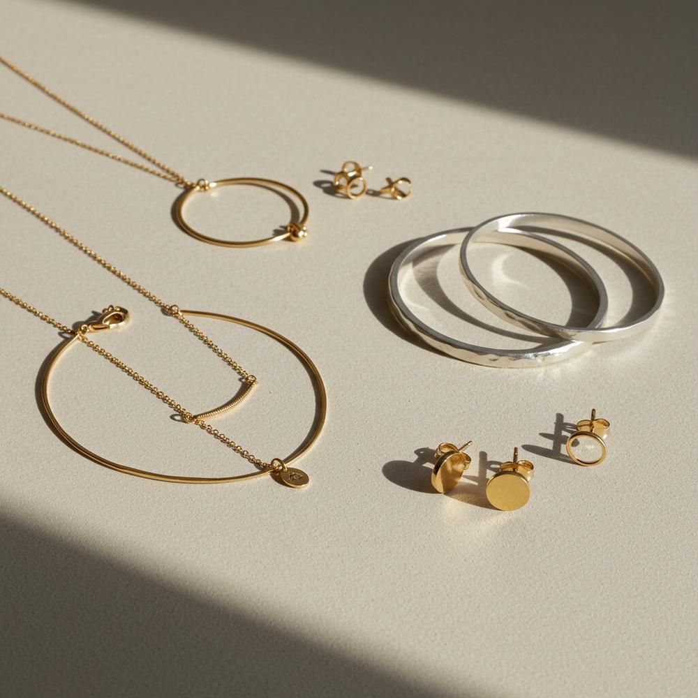 A selection of minimalist jewelry pieces including stud earrings, delicate necklaces, and thin bracelets displayed elegantly.