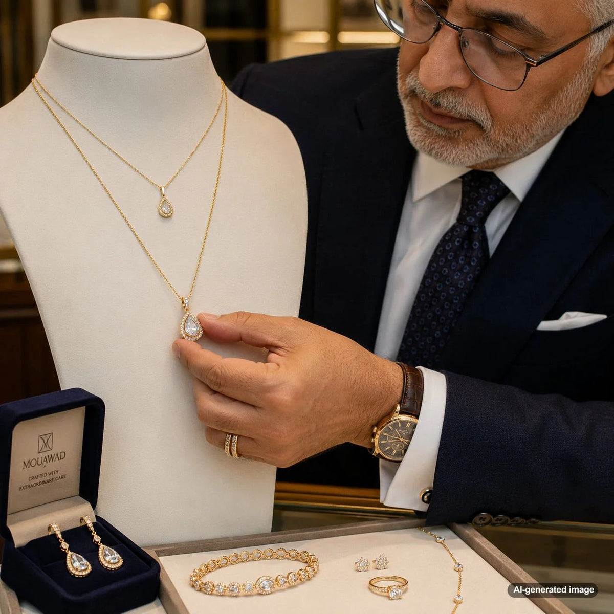 Woman in a stylish one-shoulder dress posing elegantly, wearing a diamond tennis bracelet and chandelier earrings from Robinson's Jewelers