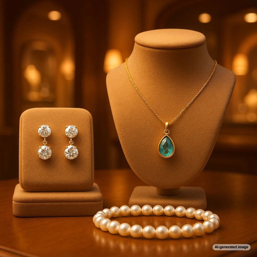 Elegant retirement party jewelry featuring diamond necklaces, pearl bracelets, and luxury watches