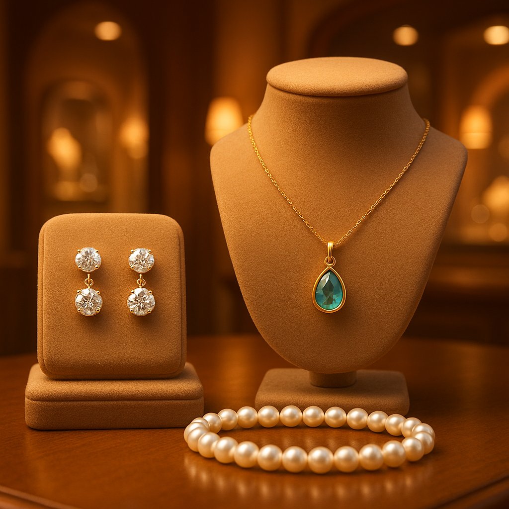 Elegant retirement party jewelry featuring diamond necklaces, pearl bracelets, and luxury watches