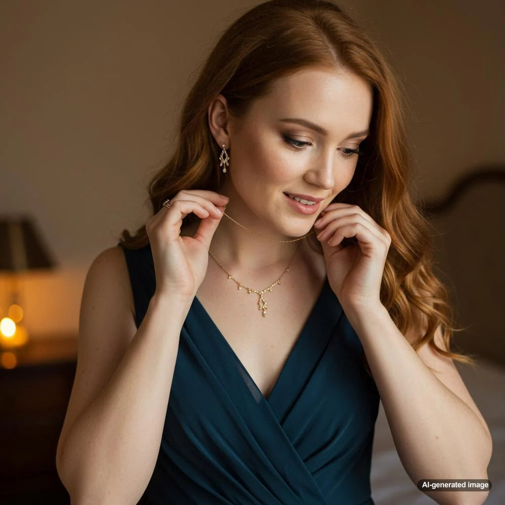 Elegant jewelry selection for a romantic date, featuring delicate necklaces, earrings, and bracelets