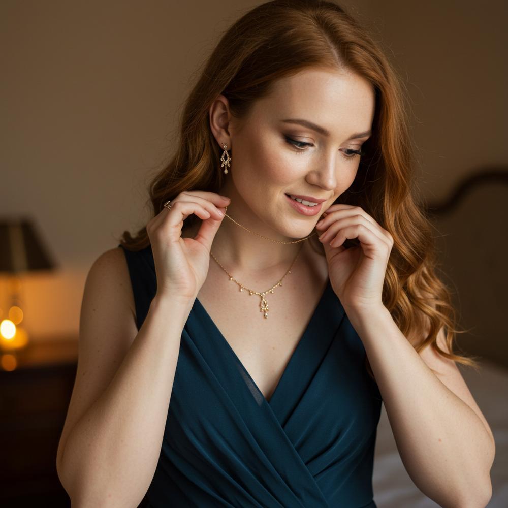 Elegant jewelry selection for a romantic date, featuring delicate necklaces, earrings, and bracelets