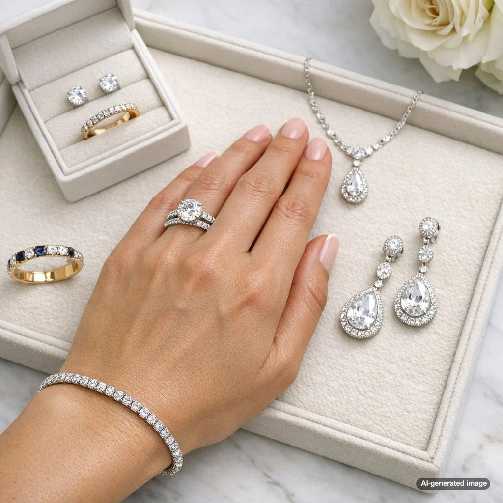 Bride looking at a glittering diamond ring showcased in elegant jewelry box representing second wedding jewelry choices