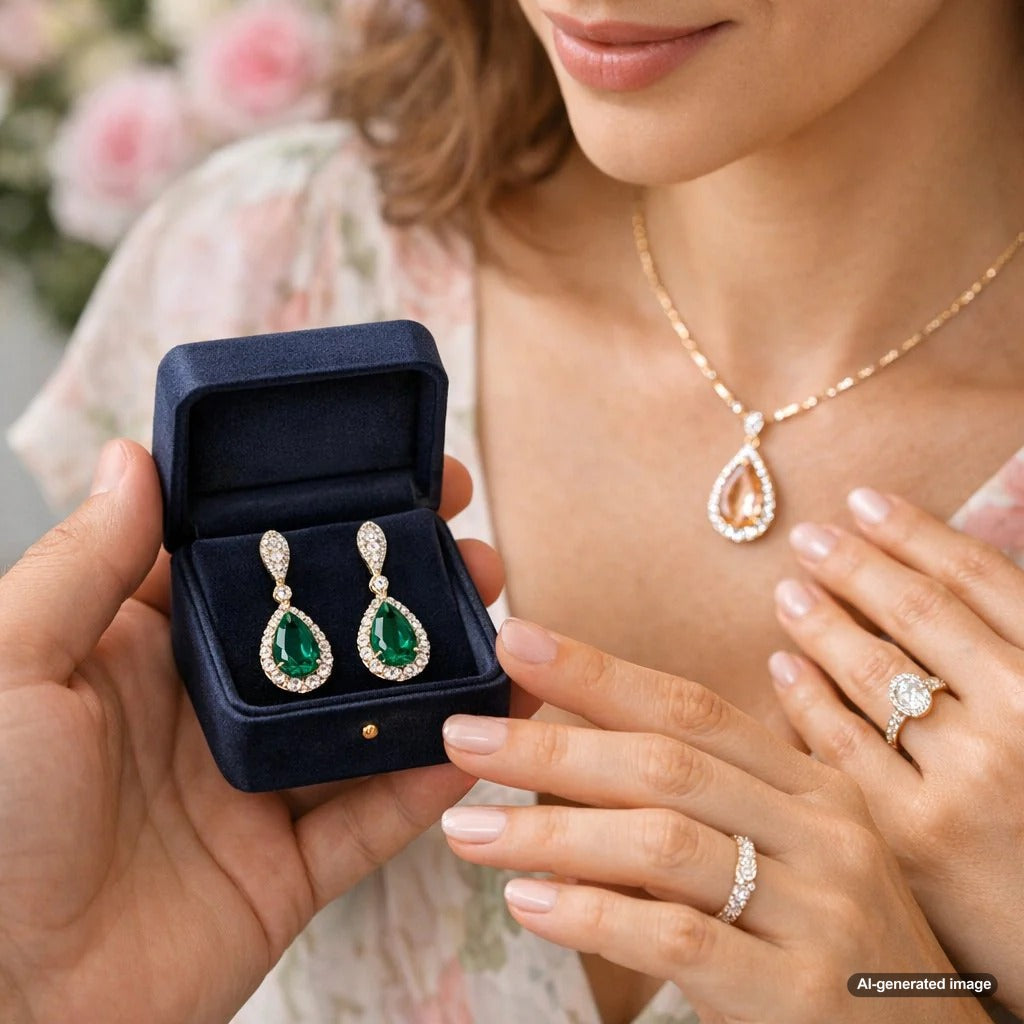 Woman in a soft floral spring dress wearing pastel gemstone earrings and a delicate diamond pendant necklace for a wedding guest outfit