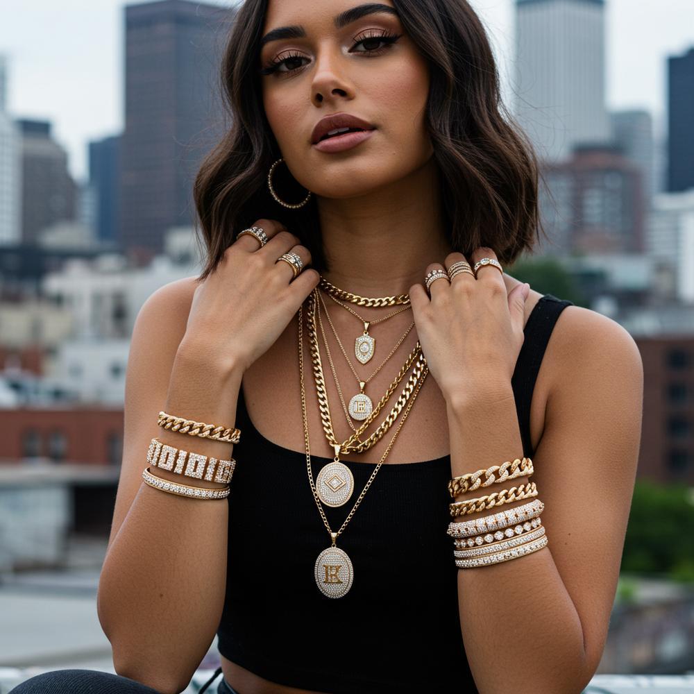 A collection of bold urban jewelry pieces including layered chains, statement rings, and stylish bracelets, ideal for a streetwear aesthetic.