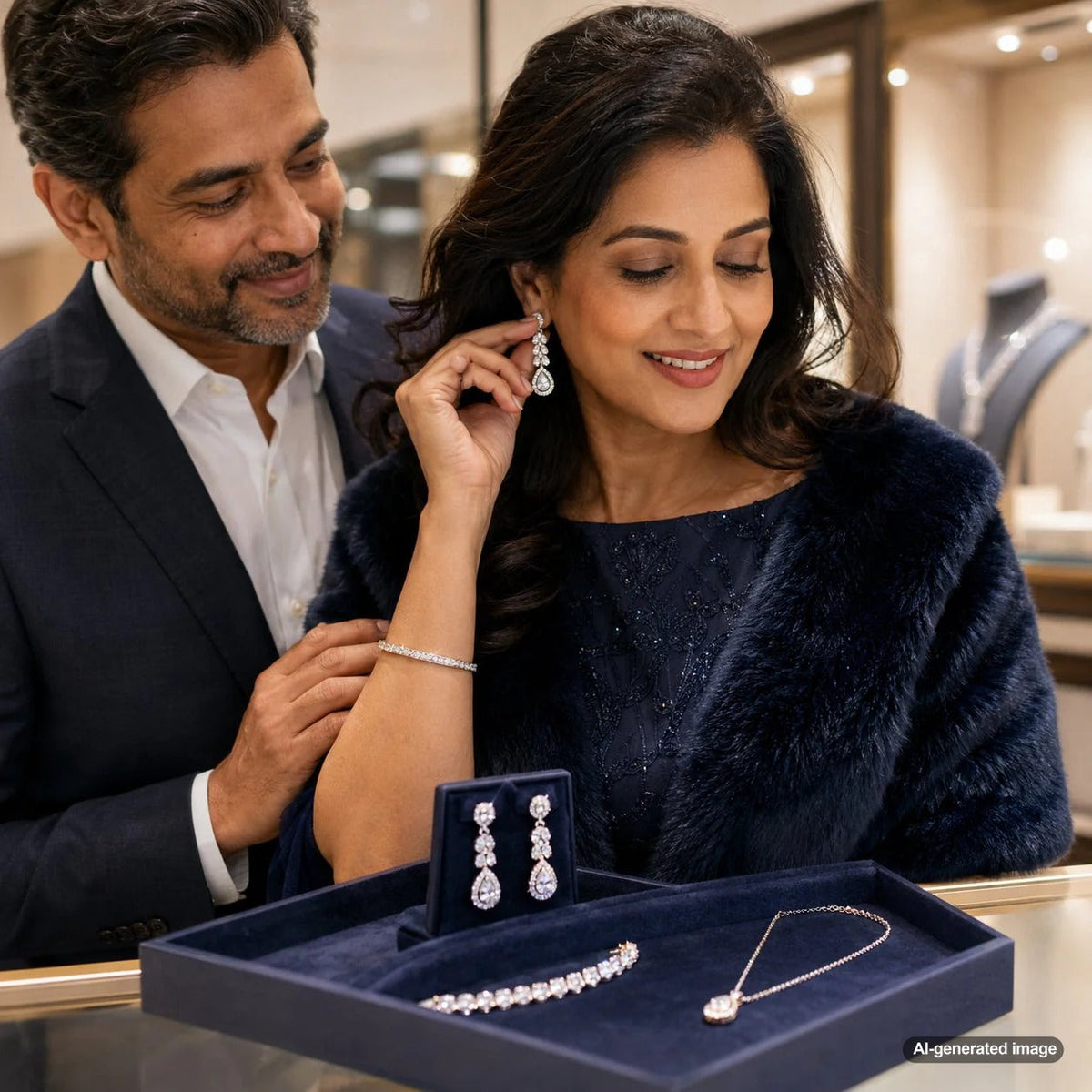 A stylish woman wearing elegant jewelry for a winter wedding guest look, featuring a sparkling cocktail ring and shimmering earrings.