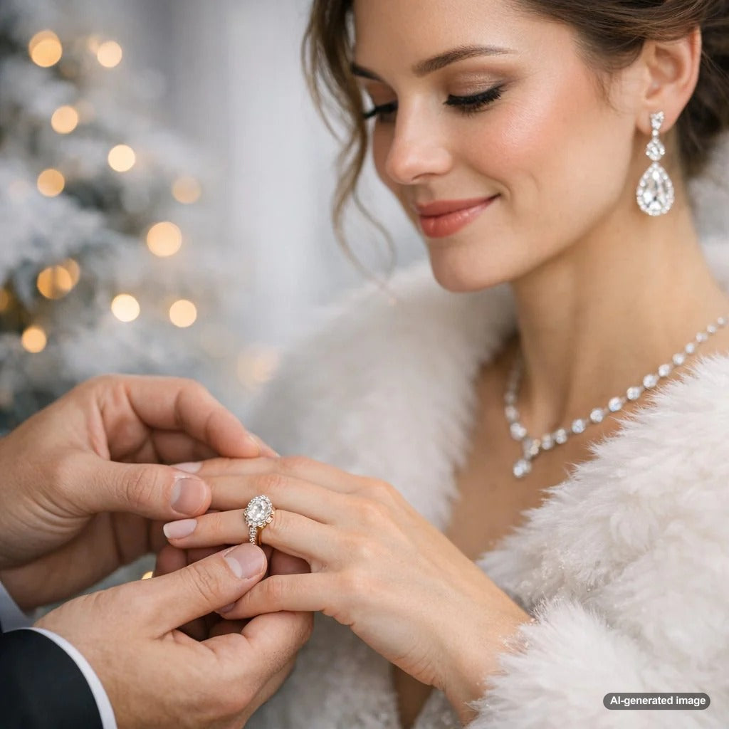 Stylish winter bride wearing sparkling diamond jewelry and earrings from Robinson's Jewelers in a snowy outdoor setting