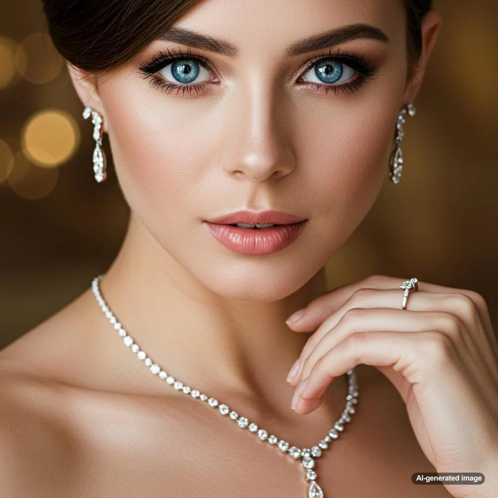 A selection of jewelry pieces designed to complement blue eyes, featuring sapphire, aquamarine, and gold accents.