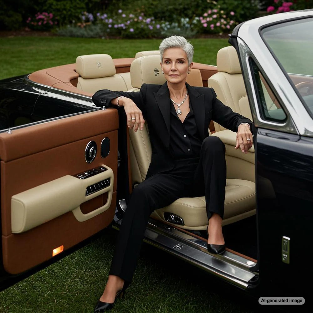 A collection of elegant jewelry pieces that complement gray hair, including silver rings, pearl necklaces, and gemstone earrings.