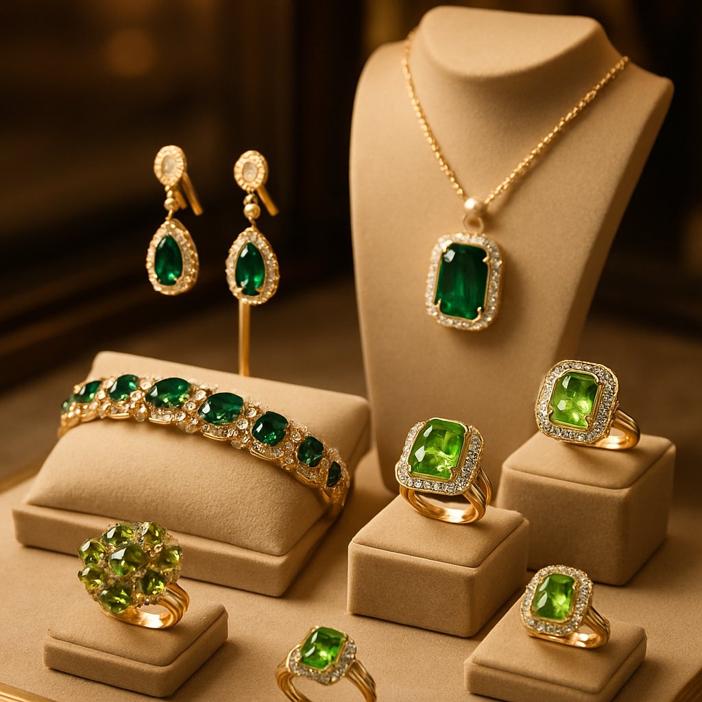 Woman with striking green eyes wearing emerald and gold jewelry from Robinson's Jewelers