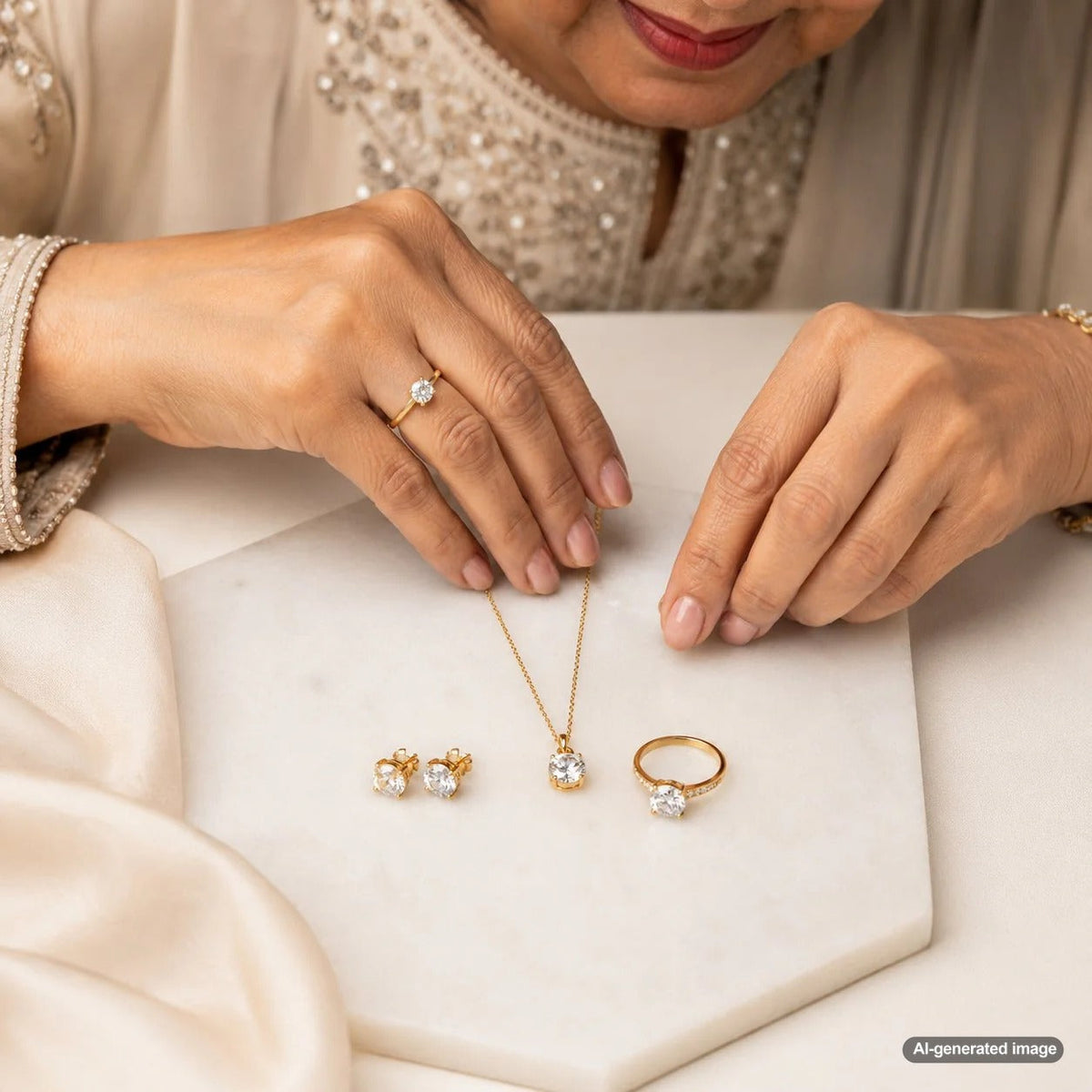 A woman wearing professional headshot jewelry, featuring a diamond necklace and elegant stud earrings.