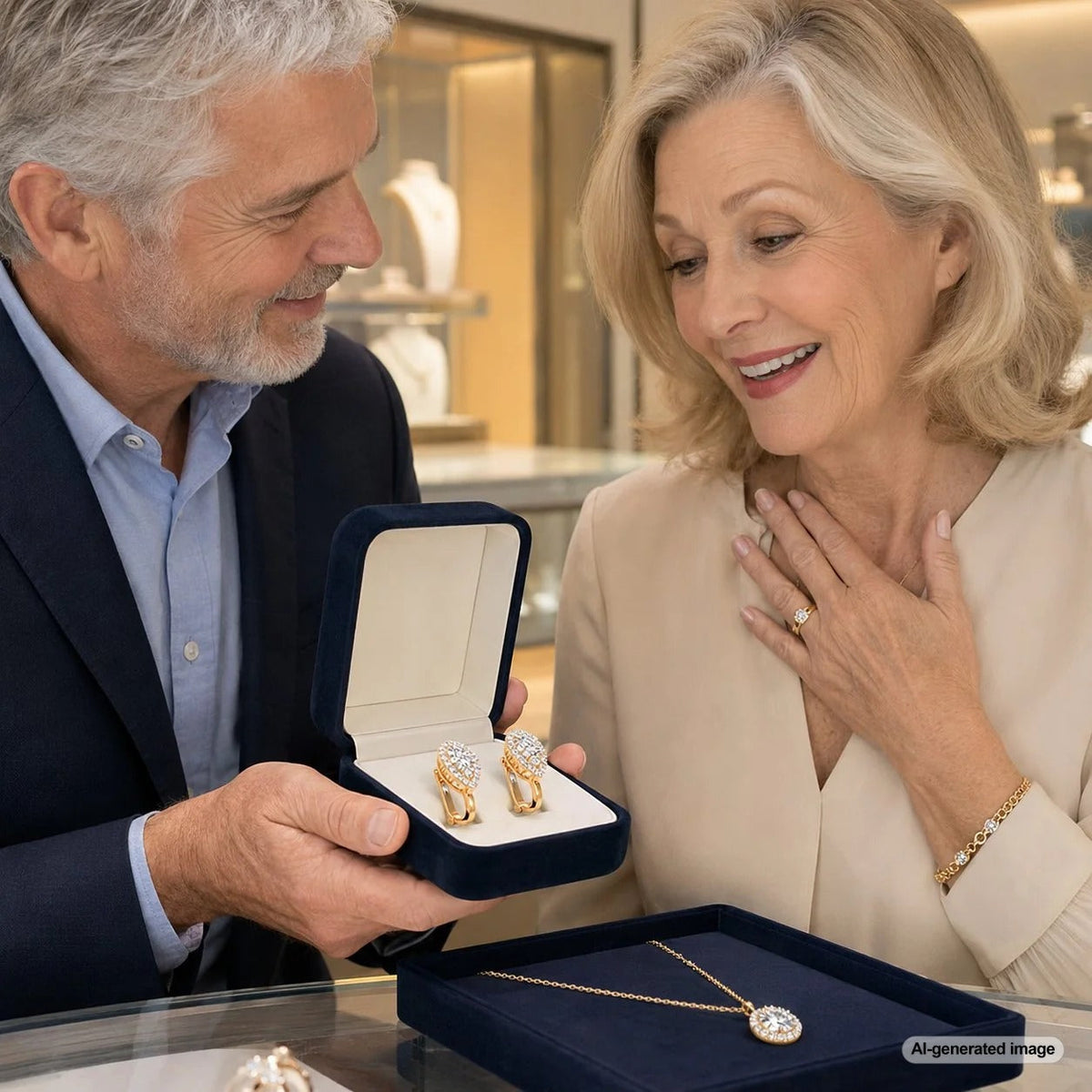 A stylish selection of non-pierced jewelry including clip-on earrings and ear cuffs displayed on a velvet bust at Robinson's Jewelers.