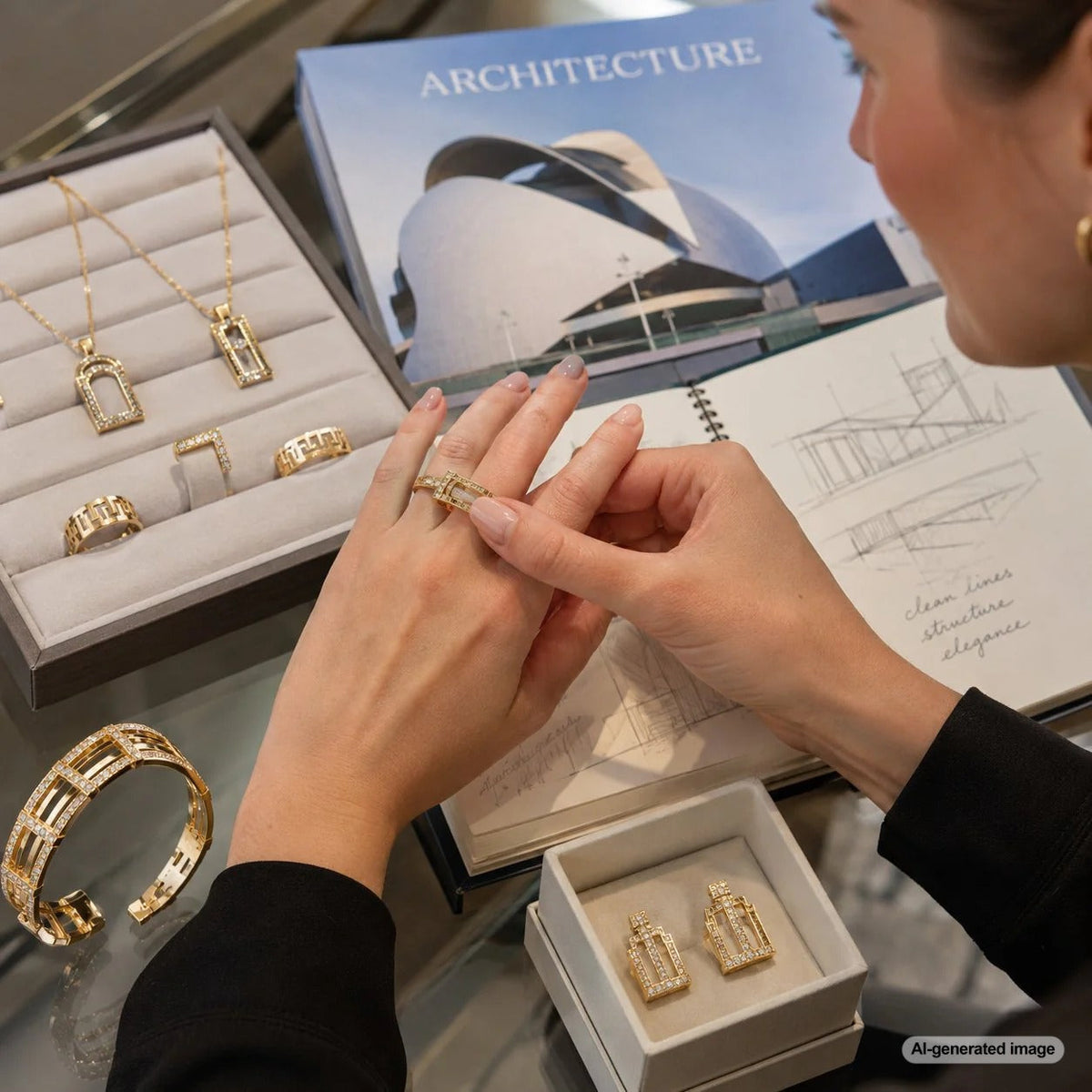 A stunning geometric ring and angular earrings placed on a minimalist concrete surface and architectural blueprints.