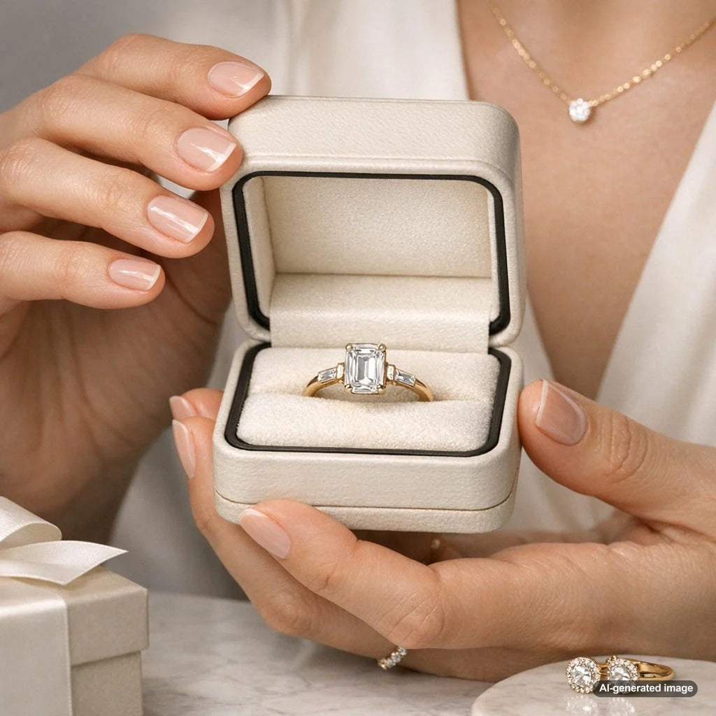 A curated collection of fine jewelry on a neutral surface showcasing understated luxury pieces including pearl earrings, a delicate diamond tennis bracelet, and a textured gold signet ring from Robinson's Jewelers.