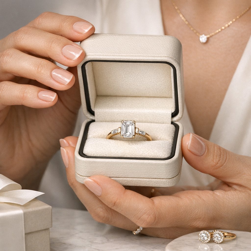 A curated collection of fine jewelry on a neutral surface showcasing understated luxury pieces including pearl earrings, a delicate diamond tennis bracelet, and a textured gold signet ring from Robinson's Jewelers.