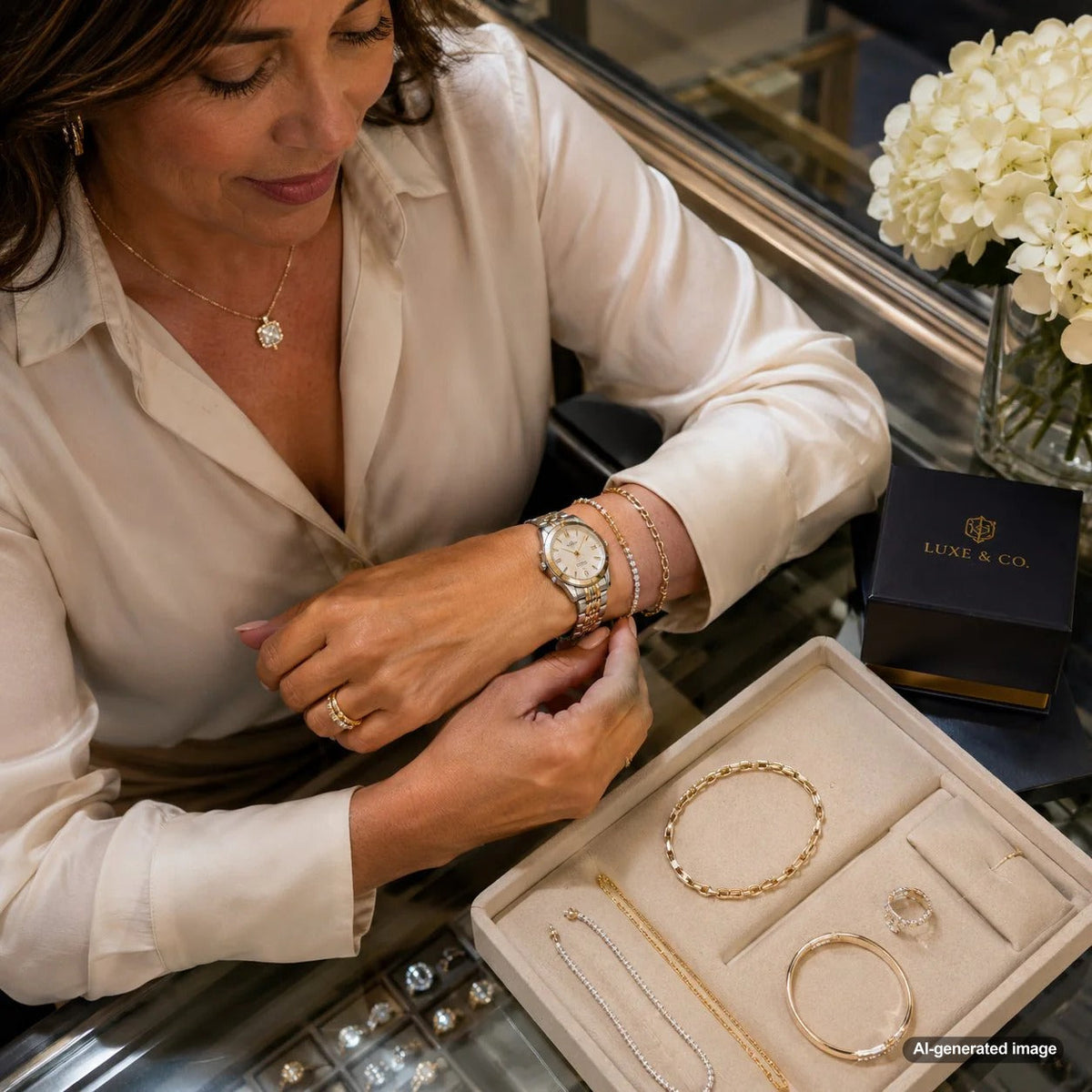 A stylish woman's wrist showcasing a luxury watch elegantly stacked with gold and diamond bracelets and rings.