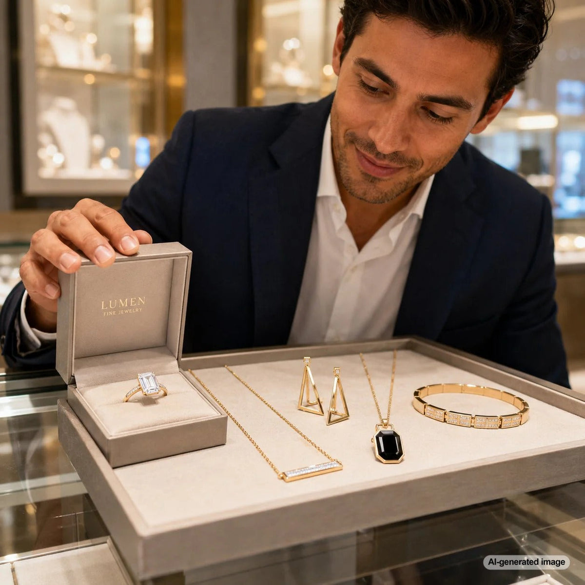 A selection of modern jewelry featuring clean lines and geometric shapes, including rings, earrings, and bracelets, perfect for the contemporary minimalist.