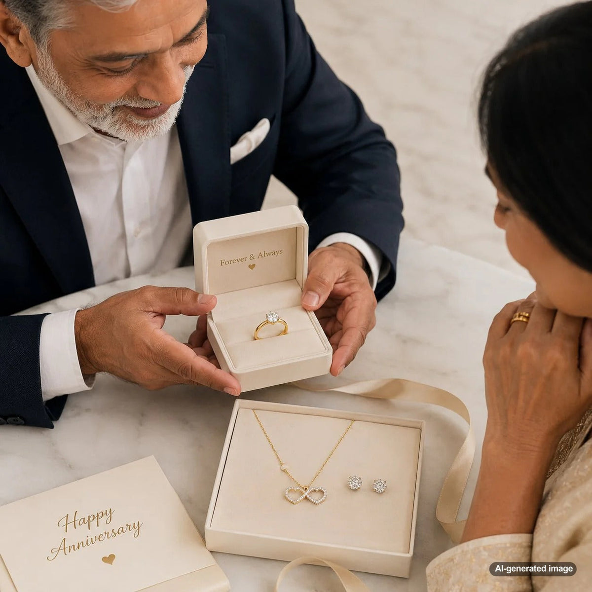 A curated selection of symbolic jewelry pieces including rings, necklaces, and earrings arranged on a white surface, showcasing symbols like hearts, evil eyes, and infinity signs.
