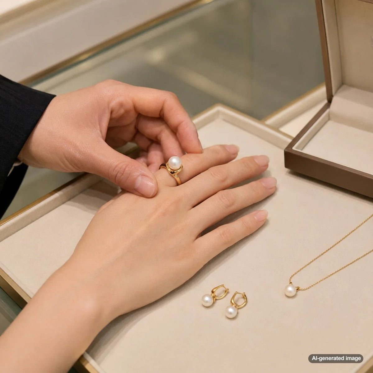 A modern pearl jewelry display featuring organic baroque pearls and sculptural pearl necklaces from Robinson's Jewelers