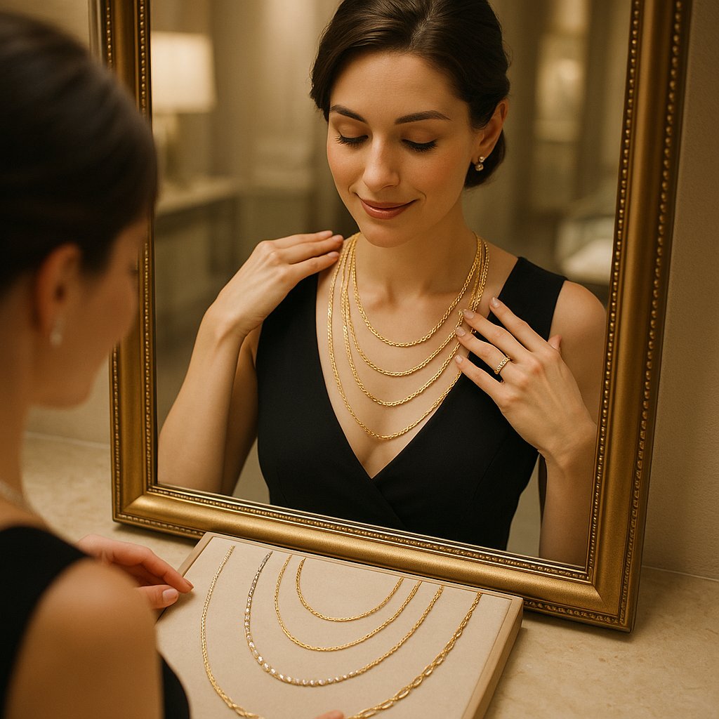 Woman wearing different necklace lengths demonstrating how to choose perfect chain length for various necklines