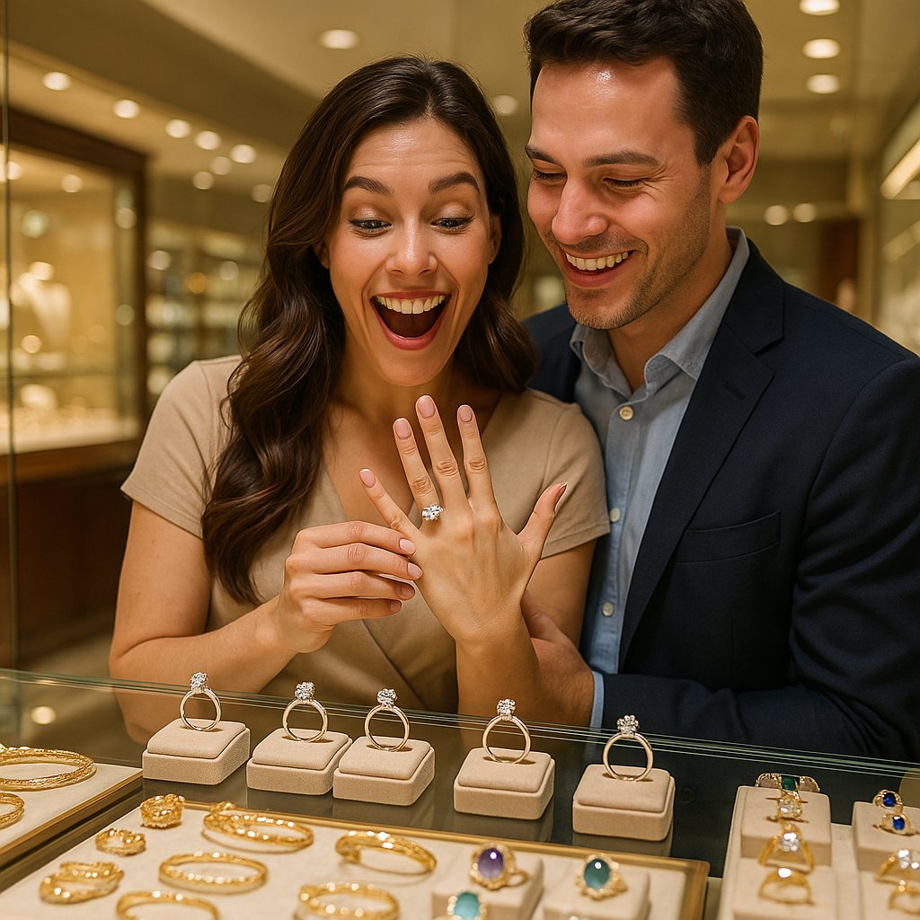 Various engagement ring settings displayed together showing solitaire, halo, and three-stone designs in different metals
