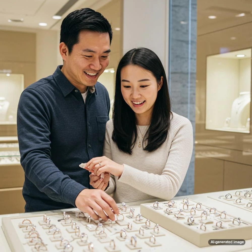A selection of engagement rings showcasing various settings including prong, bezel, and halo designs.