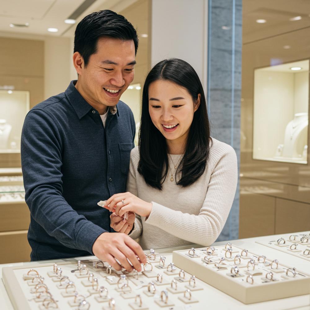 A selection of engagement rings showcasing various settings including prong, bezel, and halo designs.