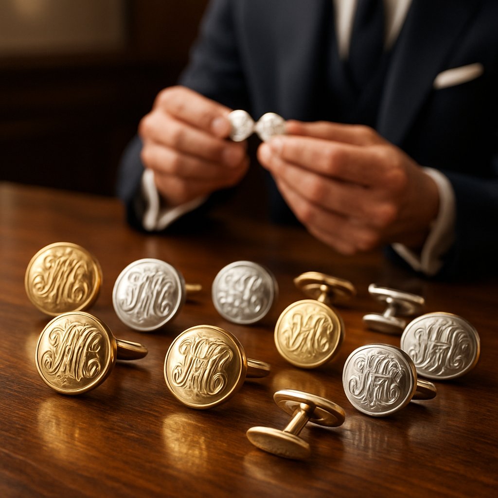 Close up of elegant hand-engraved monogram cufflinks showing detailed craftsmanship and personalization